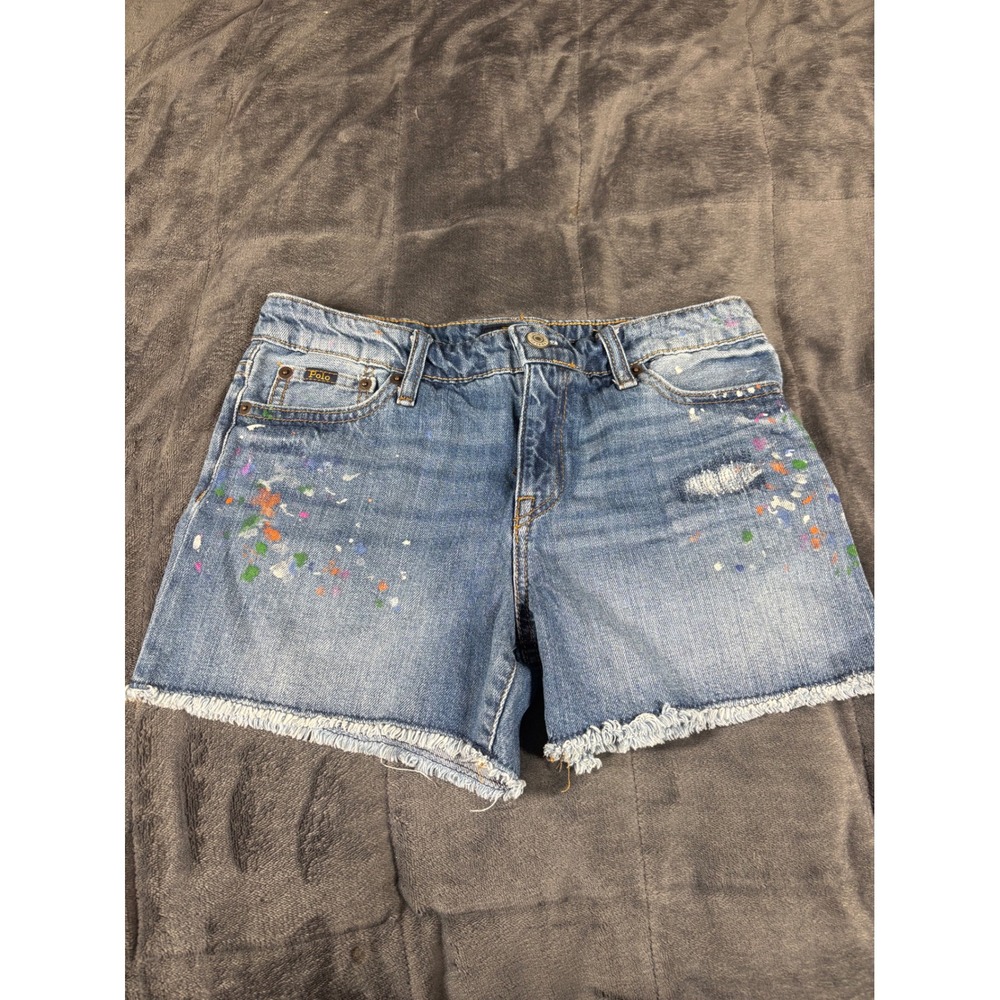 Polo Ralph Lauren Kids Paint Splatter Distressed Denim Shorts Blue Size 14